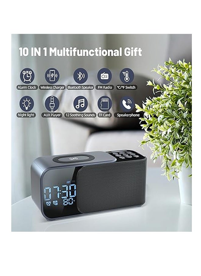 Newest Alarm Clock Radio with Wireless Charging Bluetooth Speaker,Digital Alarm Clock with Adjustable LED Night Light,Dual Alarm,Alarm Clock for Bedroom,Home,Adaptor