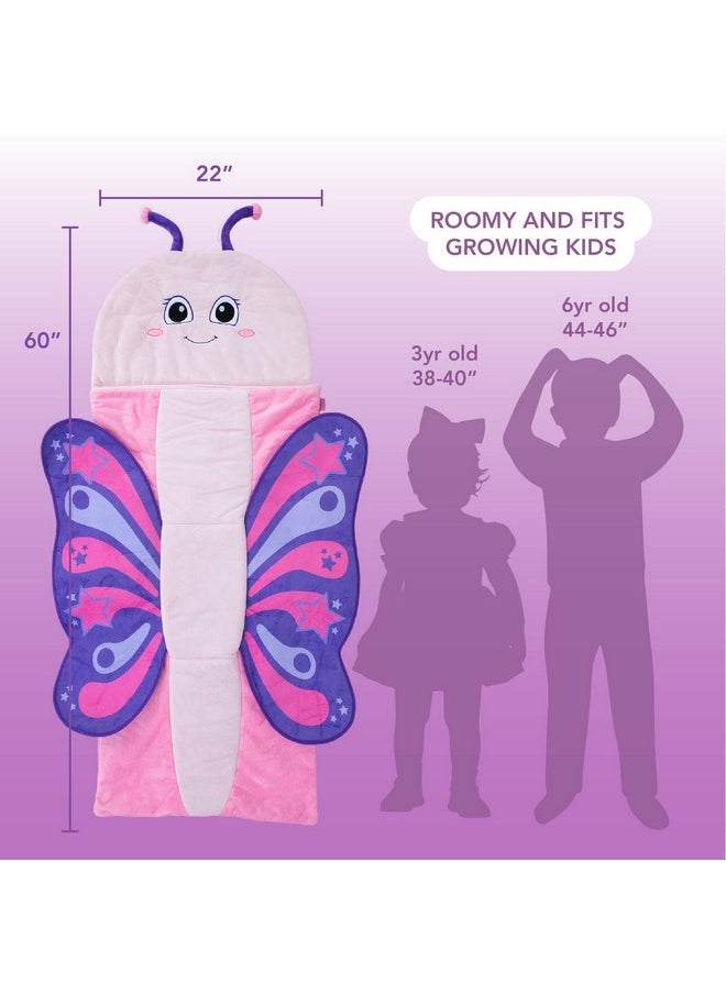 Bixbee Kids Sleeping Bag, Soft Sleepy Sack for Kids & Toddlers | Easy Roll Up Design for School, Daycare + Naptime, 60 x 22 Inches | Cozy Slumber Bag w Lining | Butterfly Sleeping Bag for Girls + Boys