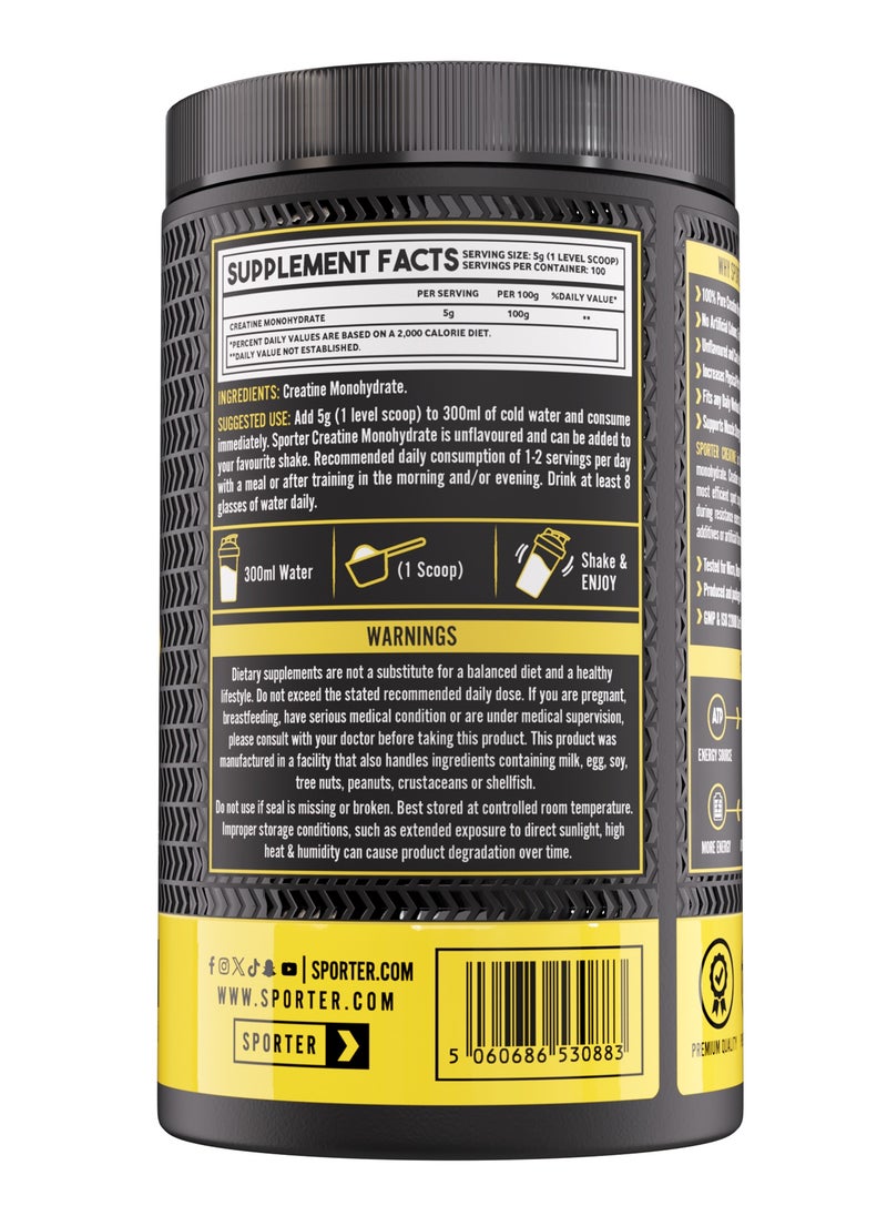 Sporter Creatine Monohydrate Powder – 500g, 100 Servings | Pure Micronized Creatine for Muscle Growth, Strength & Recovery | Unflavored, Easy to Mix | Workout Supplement for Men & Women