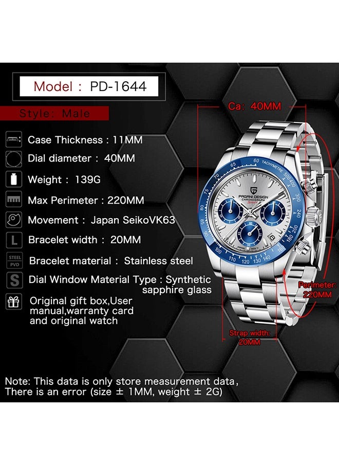 Men's Quartz Watches Chronograph Sports Wrist Watch with VK63 Movement Sapphire Ceramic Bezel Waterproof Stainless Steel Strap