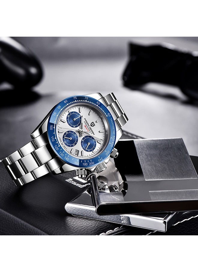 Men's Quartz Watches Chronograph Sports Wrist Watch with VK63 Movement Sapphire Ceramic Bezel Waterproof Stainless Steel Strap