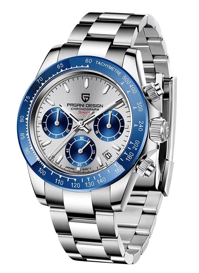 Men's Quartz Watches Chronograph Sports Wrist Watch with VK63 Movement Sapphire Ceramic Bezel Waterproof Stainless Steel Strap