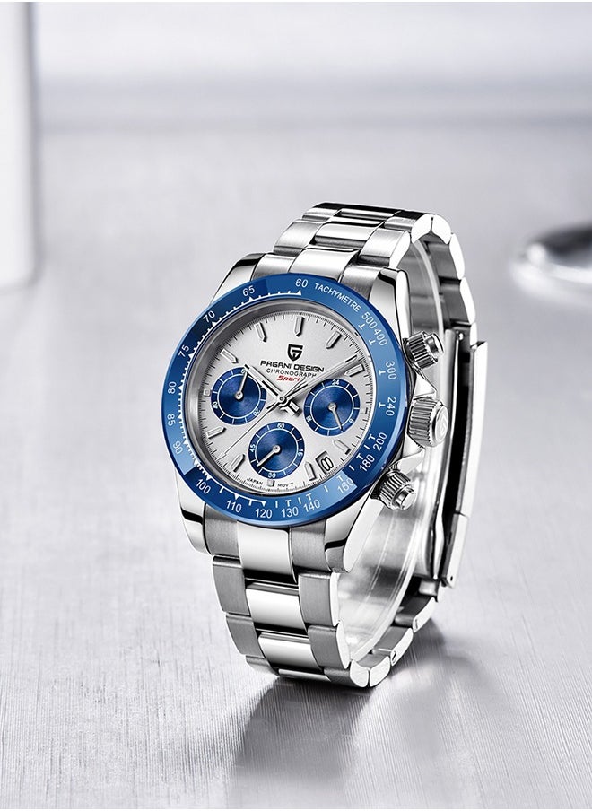 Men's Quartz Watches Chronograph Sports Wrist Watch with VK63 Movement Sapphire Ceramic Bezel Waterproof Stainless Steel Strap