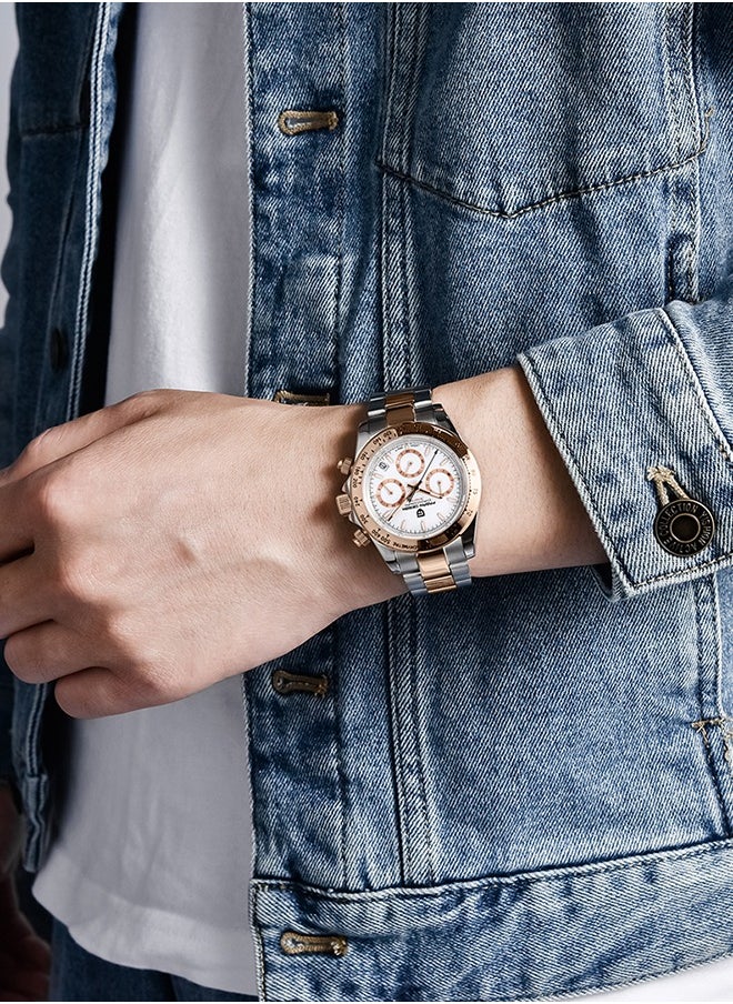 Rose Gold Men's Quartz Watches Chronograph Sports Wrist Watch with VK63 Movement Sapphire Glass Waterproof Stainless Steel Strap