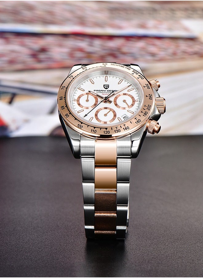 Rose Gold Men's Quartz Watches Chronograph Sports Wrist Watch with VK63 Movement Sapphire Glass Waterproof Stainless Steel Strap