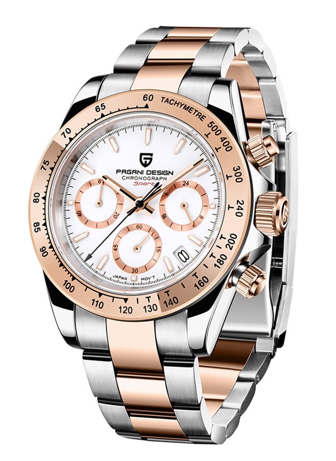 Rose Gold Men's Quartz Watches Chronograph Sports Wrist Watch with VK63 Movement Sapphire Glass Waterproof Stainless Steel Strap