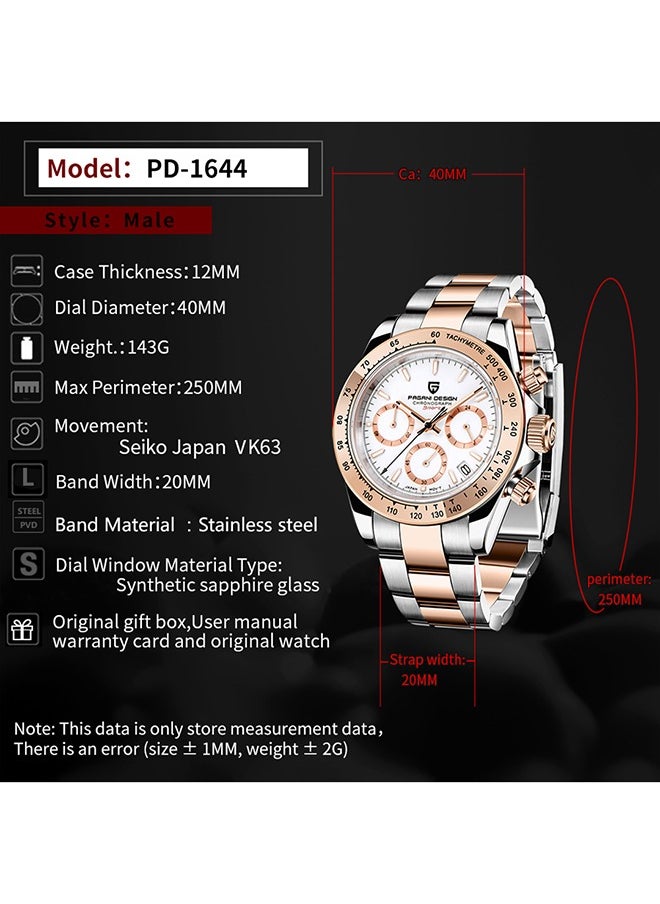 Rose Gold Men's Quartz Watches Chronograph Sports Wrist Watch with VK63 Movement Sapphire Glass Waterproof Stainless Steel Strap