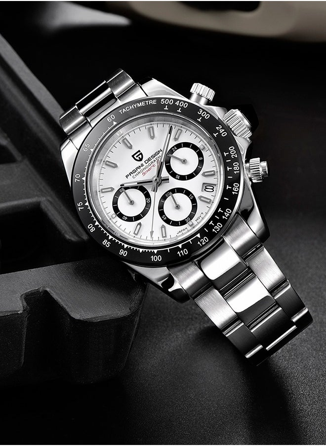 Men's Quartz Watches Chronograph Sports Wrist Watch with VK63 Movement Sapphire Glass Waterproof Stainless Steel Strap Ceramic Bezel