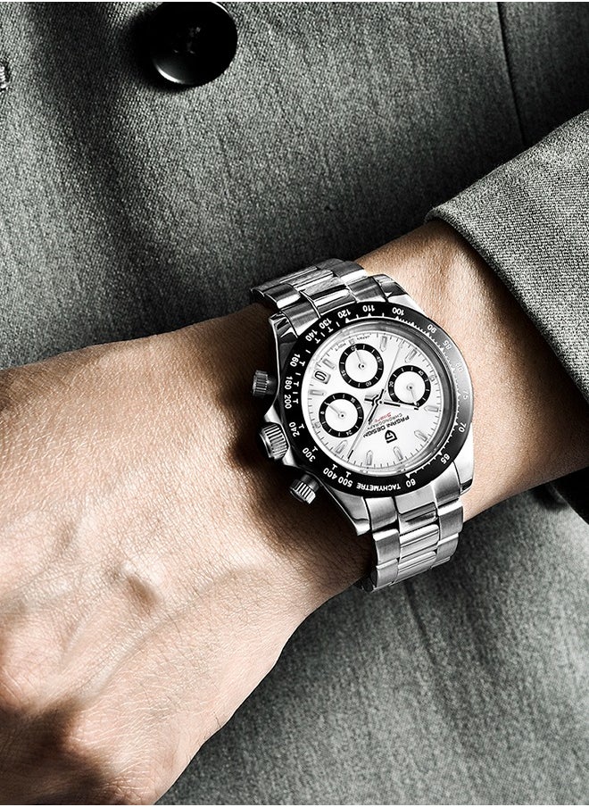 Men's Quartz Watches Chronograph Sports Wrist Watch with VK63 Movement Sapphire Glass Waterproof Stainless Steel Strap Ceramic Bezel