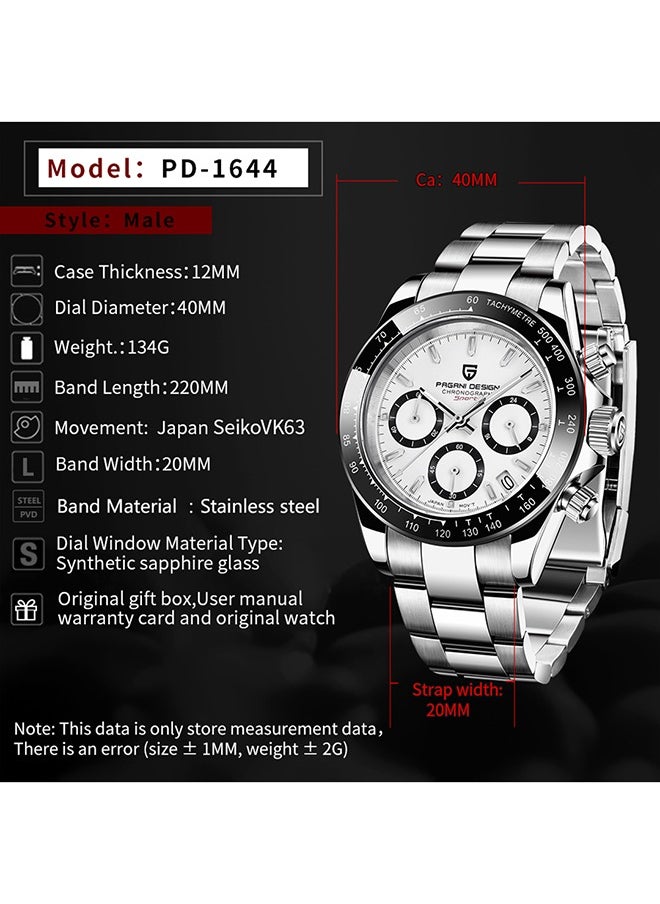 Men's Quartz Watches Chronograph Sports Wrist Watch with VK63 Movement Sapphire Glass Waterproof Stainless Steel Strap Ceramic Bezel