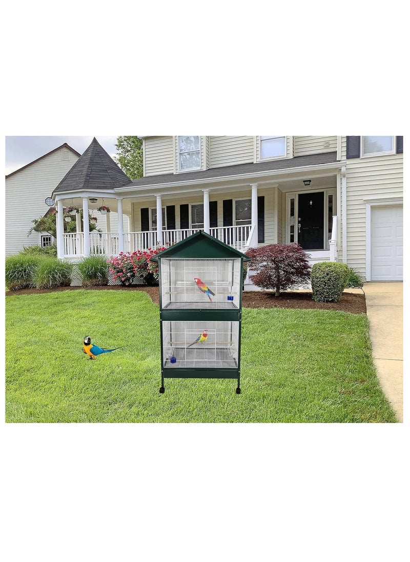 Bird cage, 2-layer House-roof design bird cage with Wooden perches, Plastic feeding cups, Removable tray, and Universal wheels, Durable metal wire bird cage for multi-bird household 158 cm (Green)