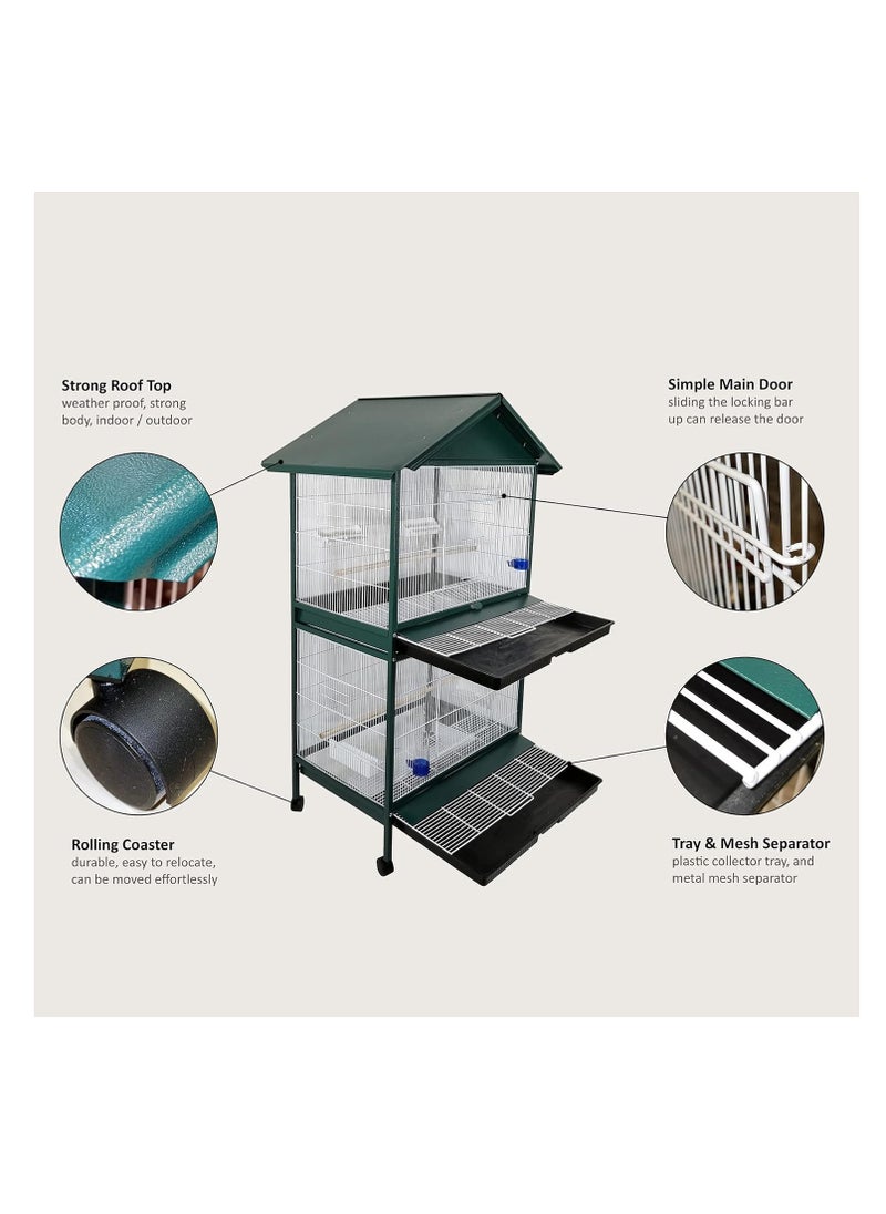 Bird cage, 2-layer House-roof design bird cage with Wooden perches, Plastic feeding cups, Removable tray, and Universal wheels, Durable metal wire bird cage for multi-bird household 158 cm (Green)