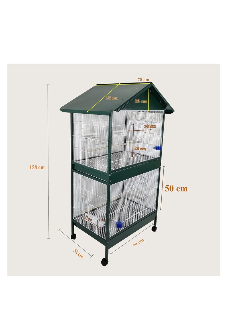Bird cage, 2-layer House-roof design bird cage with Wooden perches, Plastic feeding cups, Removable tray, and Universal wheels, Durable metal wire bird cage for multi-bird household 158 cm (Green)