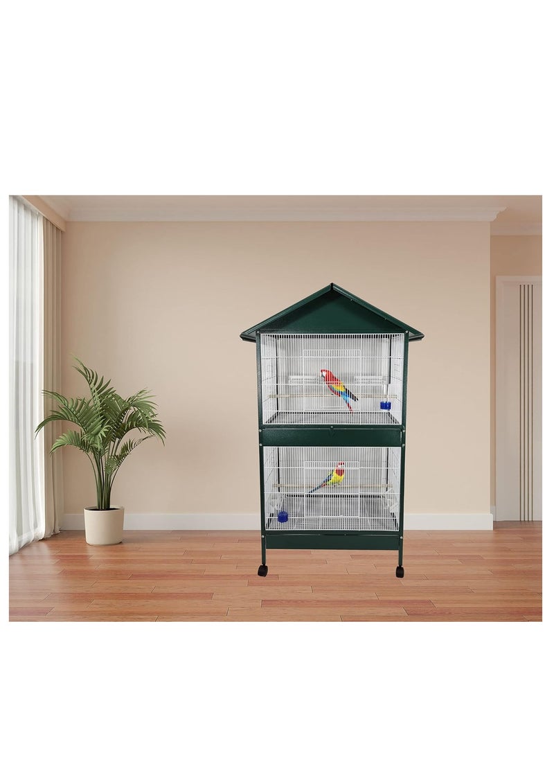 Bird cage, 2-layer House-roof design bird cage with Wooden perches, Plastic feeding cups, Removable tray, and Universal wheels, Durable metal wire bird cage for multi-bird household 158 cm (Green)