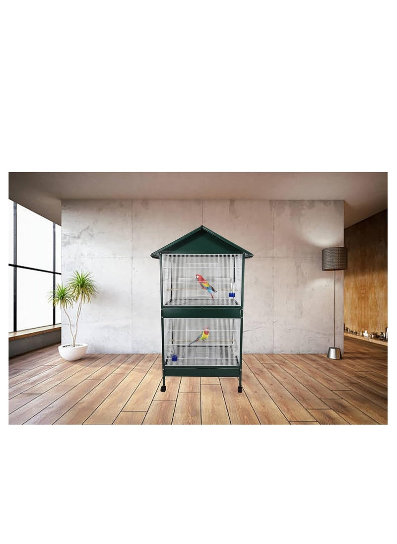Bird cage, 2-layer House-roof design bird cage with Wooden perches, Plastic feeding cups, Removable tray, and Universal wheels, Durable metal wire bird cage for multi-bird household 158 cm (Green)