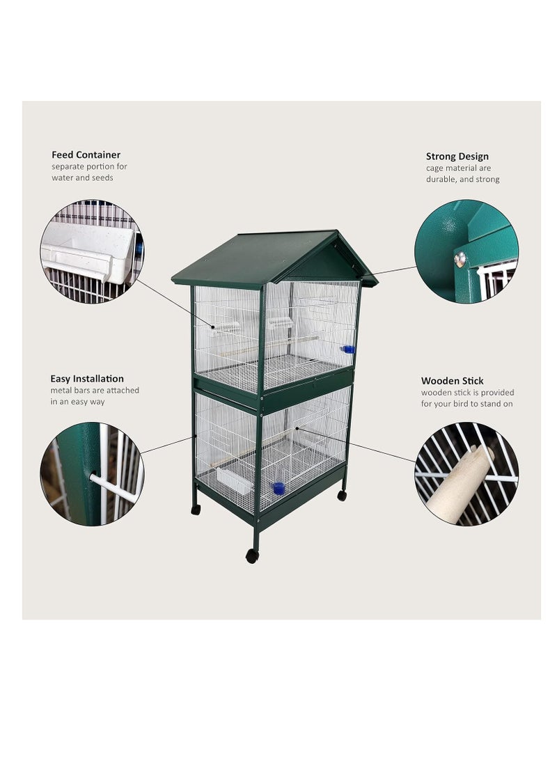 Bird cage, 2-layer House-roof design bird cage with Wooden perches, Plastic feeding cups, Removable tray, and Universal wheels, Durable metal wire bird cage for multi-bird household 158 cm (Green)
