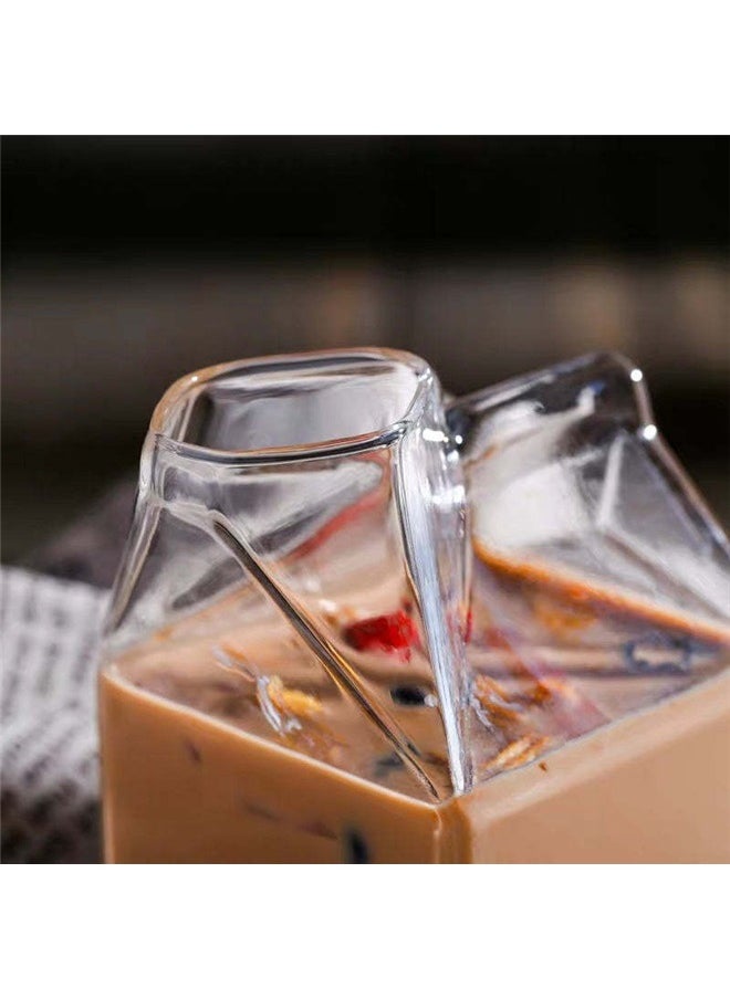 Square Coffee Mug Transparent 7.5x7.5x9.5cm，Glass Milk Carton Creamer Pitcher Cute Clear Milk Carton Cup Mini Creamer Pitcher Container 350ml