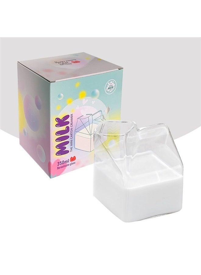 Square Coffee Mug Transparent 7.5x7.5x9.5cm，Glass Milk Carton Creamer Pitcher Cute Clear Milk Carton Cup Mini Creamer Pitcher Container 350ml
