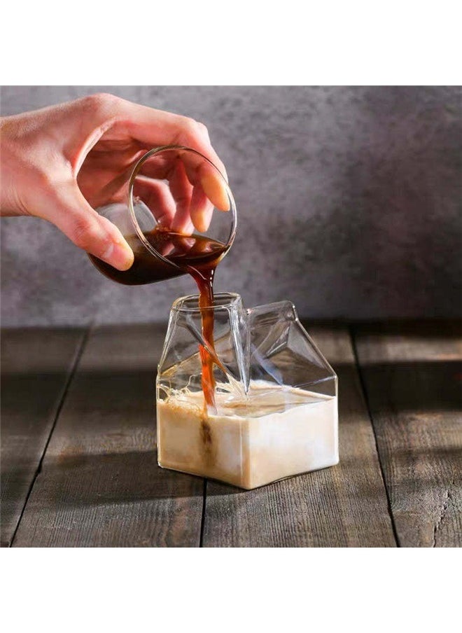 Square Coffee Mug Transparent 7.5x7.5x9.5cm，Glass Milk Carton Creamer Pitcher Cute Clear Milk Carton Cup Mini Creamer Pitcher Container 350ml