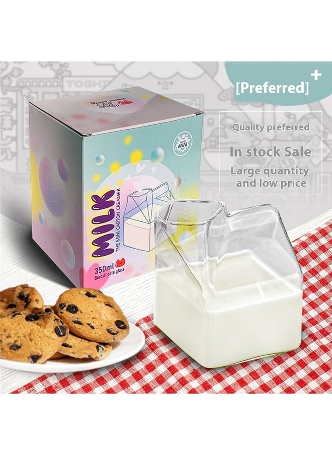 Square Coffee Mug Transparent 7.5x7.5x9.5cm，Glass Milk Carton Creamer Pitcher Cute Clear Milk Carton Cup Mini Creamer Pitcher Container 350ml