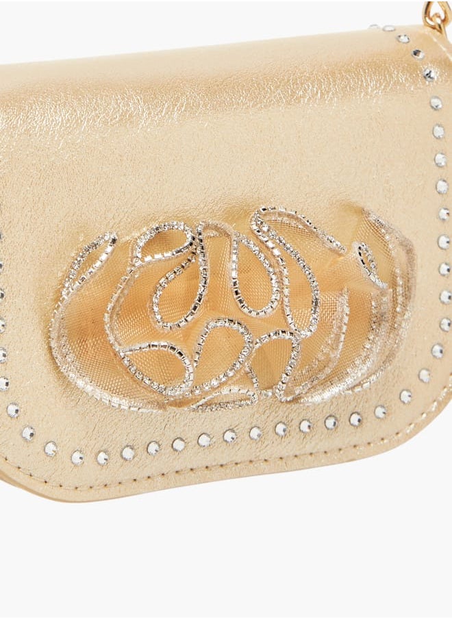 Girls Embellished Crossbody Bag with Chain Strap and Button Closure