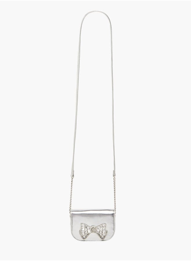 Girls Bow Embellished Crossbody Bag with Chain Strap and Button Closure