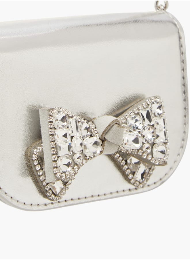Girls Bow Embellished Crossbody Bag with Chain Strap and Button Closure