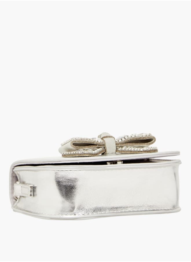 Girls Bow Embellished Crossbody Bag with Chain Strap and Button Closure
