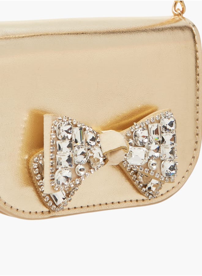 Girls Bow Embellished Crossbody Bag with Chain Strap and Button Closure