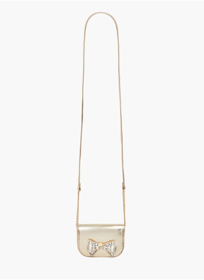 Girls Bow Embellished Crossbody Bag with Chain Strap and Button Closure