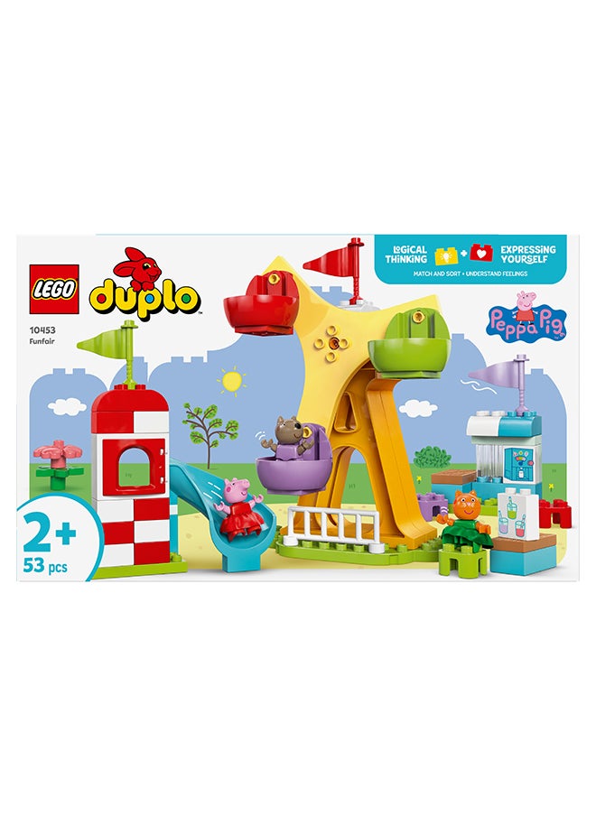 DUPLO Peppa Pig Funfair - Fine Motor Skills Toys for 2+ Year Old Girls & Boys - Big Fair Wheel, Slide, Juice Bar and 3 Figures incl. Danny Dog & Candy Cat - Early Development Activity - 10453 (53 pieces)