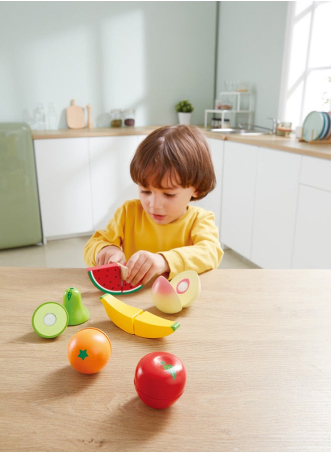 Hape Farm Shop Fruit Playset - Wooden Pretend Play Food Set for Kids, Slicing Fruits Toy with Realistic Crunching Sound, Educational Kitchen Playset for Ages 3 Years and Up