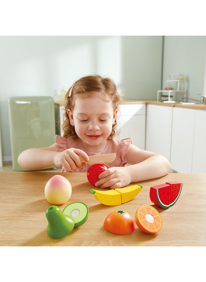 Hape Farm Shop Fruit Playset - Wooden Pretend Play Food Set for Kids, Slicing Fruits Toy with Realistic Crunching Sound, Educational Kitchen Playset for Ages 3 Years and Up