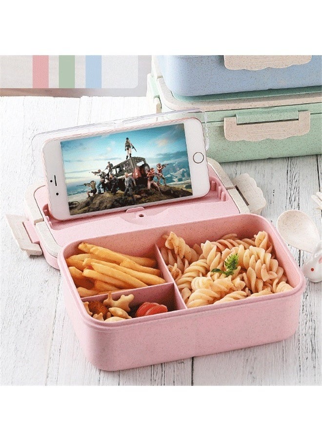 Wheat Straw Microwave Compatible Lunch Box With Cutlery Healthy Food Container ABS Pink 21.5*15.5*8.5cm， Lunch Box for Women & Adults: Stackable Snack Box Container with Compartments, Portable Salad & Meal Prep Container, Reusable Plastic Lunchbox for Work,& Travel，Pink