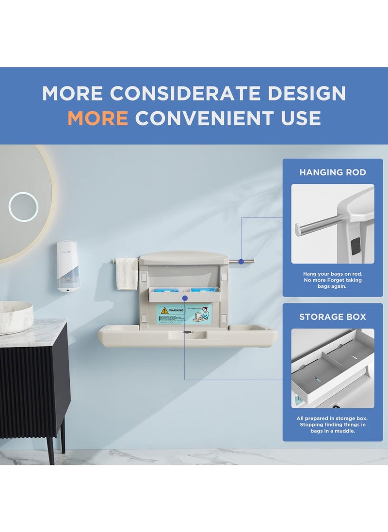 Wall-Mounted Baby Changing Station, Horizontal Foldable Diaper Change Table with Safety Straps and Hanging Rods, Use in Home Commercial Bathrooms, Daycare Centers for Newborns & Infant
