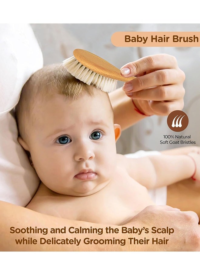 Baby Hair Brush and Comb Set, 4 Pcs Newborn Hair Brush with Soft Bristle, Natural Goat Hair and Wood Baby Cradle Cap Comb for Newborns & Toddlers, Newborn Baby Essentials, Perfect Registry Gift
