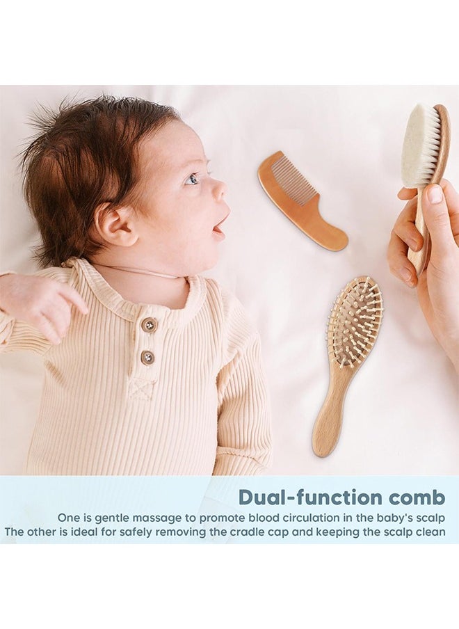 Baby Hair Brush and Comb Set, 4 Pcs Newborn Hair Brush with Soft Bristle, Natural Goat Hair and Wood Baby Cradle Cap Comb for Newborns & Toddlers, Newborn Baby Essentials, Perfect Registry Gift
