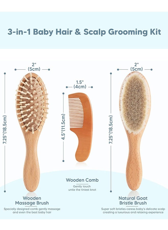 Baby Hair Brush and Comb Set, 4 Pcs Newborn Hair Brush with Soft Bristle, Natural Goat Hair and Wood Baby Cradle Cap Comb for Newborns & Toddlers, Newborn Baby Essentials, Perfect Registry Gift