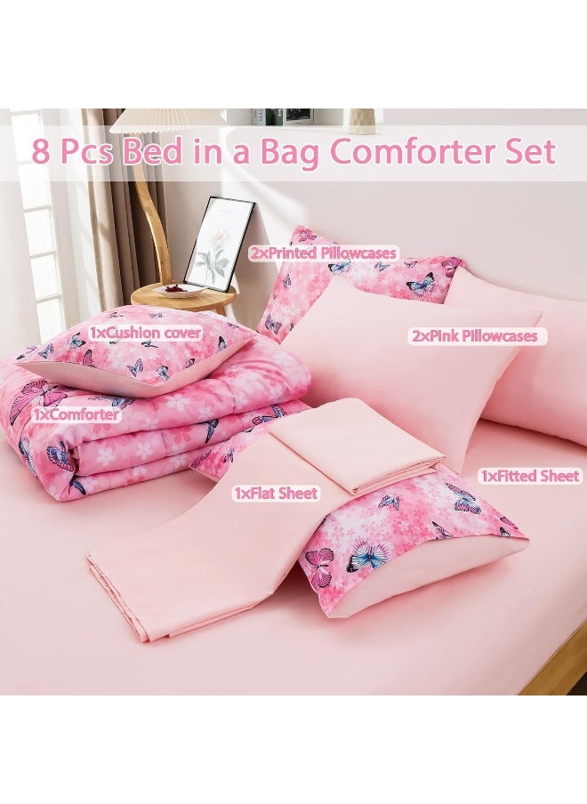 Keyroal Butterfly Comforter Set Twin Size 6 Piece Bed in A Bag Colorful Flowers Leaves Bedding Set for Kids Teens Super Soft All Season - Pink