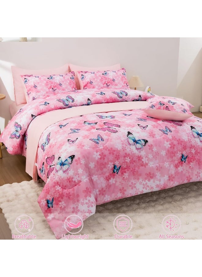 Keyroal Butterfly Comforter Set Twin Size 6 Piece Bed in A Bag Colorful Flowers Leaves Bedding Set for Kids Teens Super Soft All Season - Pink