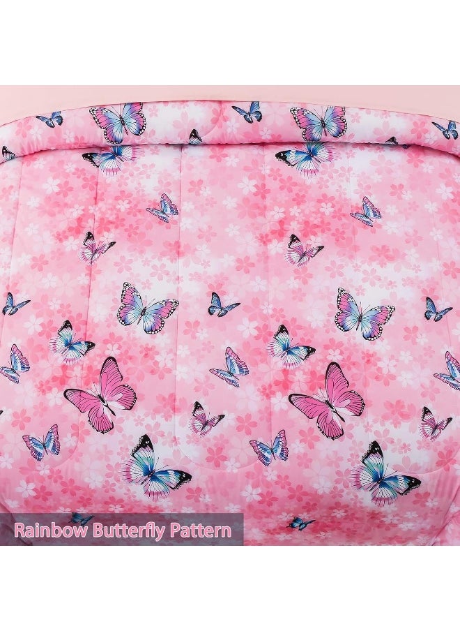 Keyroal Butterfly Comforter Set Twin Size 6 Piece Bed in A Bag Colorful Flowers Leaves Bedding Set for Kids Teens Super Soft All Season - Pink