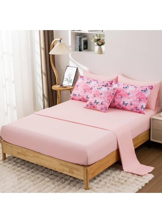 Keyroal Butterfly Comforter Set Twin Size 6 Piece Bed in A Bag Colorful Flowers Leaves Bedding Set for Kids Teens Super Soft All Season - Pink