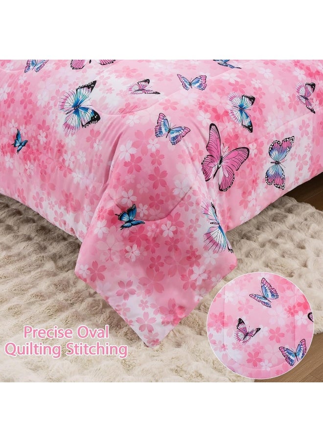 Keyroal Butterfly Comforter Set Twin Size 6 Piece Bed in A Bag Colorful Flowers Leaves Bedding Set for Kids Teens Super Soft All Season - Pink