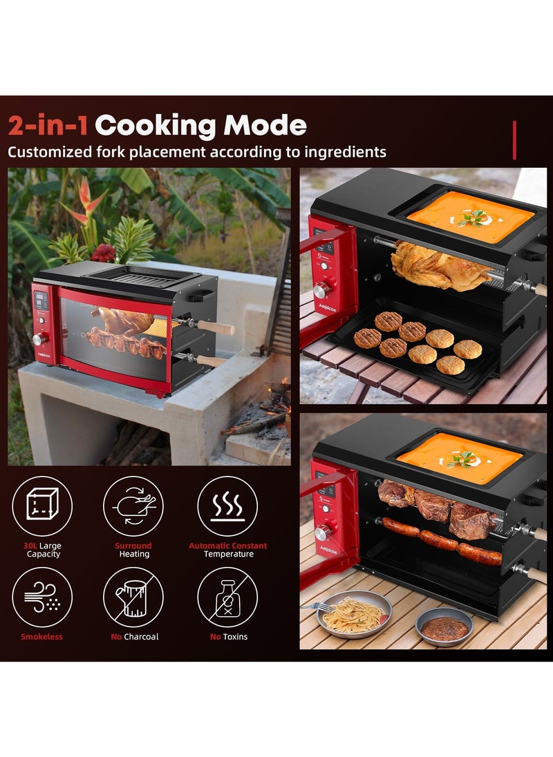Electric Rotisserie Grill Indoor with Auto-Rotating Skewers, 31 QT Smoke-Free Rotisserie Oven with Timer for Brazilian Picanha BBQ