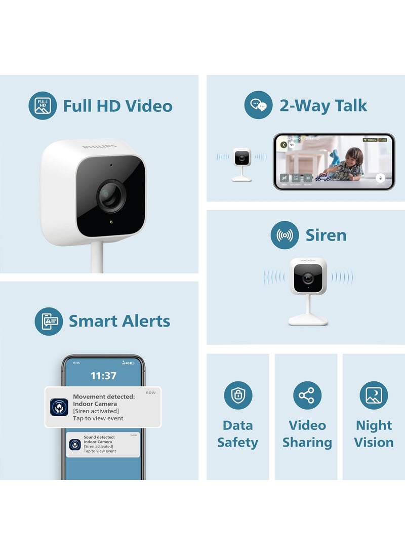 PHILIPS WiFi HSP1000 Fixed Indoor Security Camera | Full HD 2MP | 2-Way Talk | Motion Detect | Night Vision| SD Card | AES-128bit Encryption | 2 Year Brand Replacement Warranty