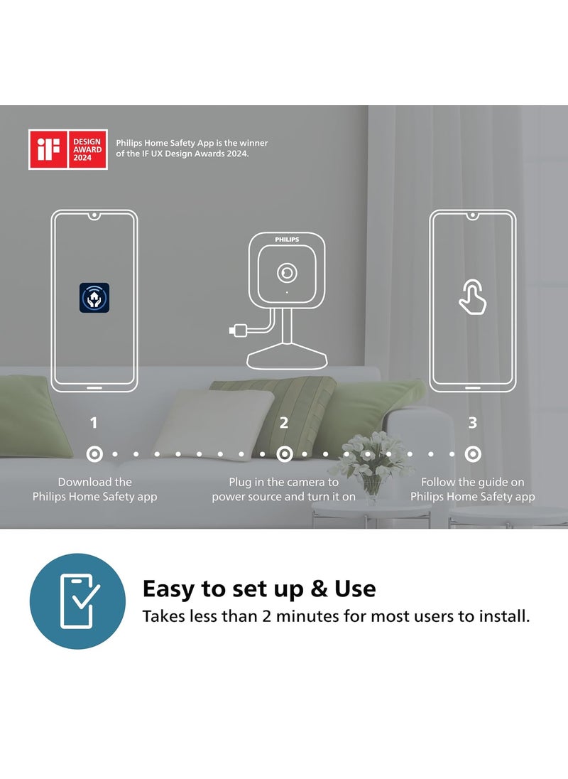 PHILIPS WiFi HSP1000 Fixed Indoor Security Camera | Full HD 2MP | 2-Way Talk | Motion Detect | Night Vision| SD Card | AES-128bit Encryption | 2 Year Brand Replacement Warranty