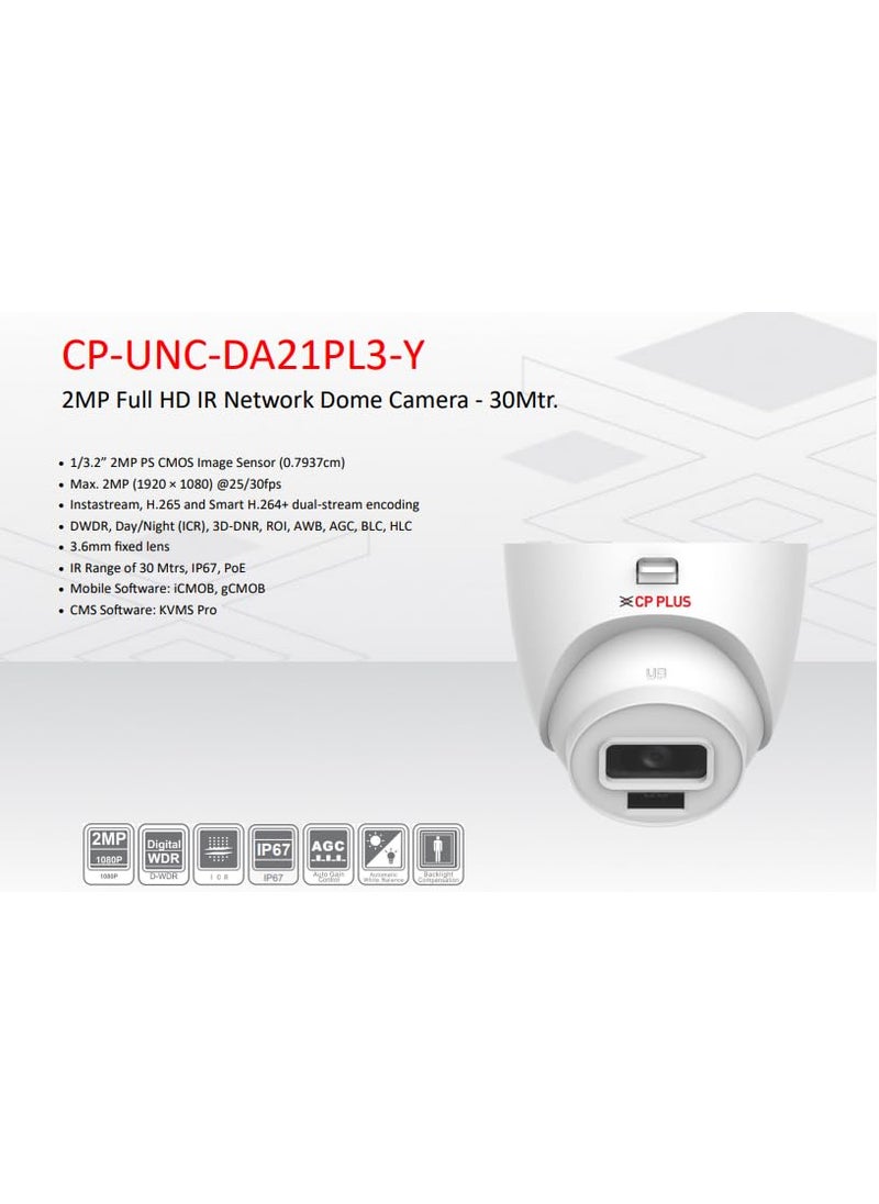 Cp Plus 2Mp Ip (Network) Wired Indoor Dome Camera + Night Vision + Cmos Image Sensor With 3.6Mm Lens - 30Mtr,Cp-Unc-Da21Pl3-Y - 1080P