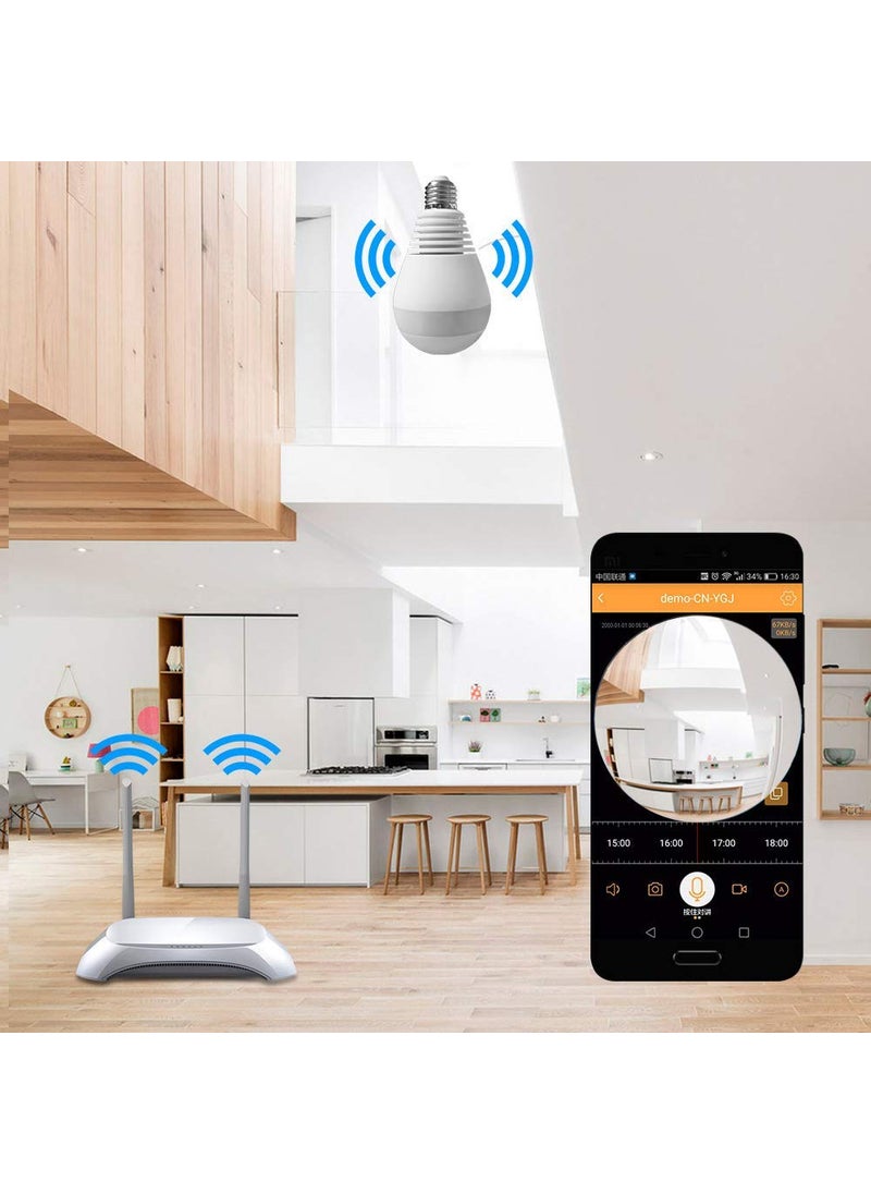 AUSHA® Wireless 2MP 1080P Bulb WiFi Internet CCTV Camera for Home Shop Office Security, Fisheye 360 Degree, Panoramic View, Night Vision, 2 Way Audio Live HD Recording (CCTV Bulb Camera)
