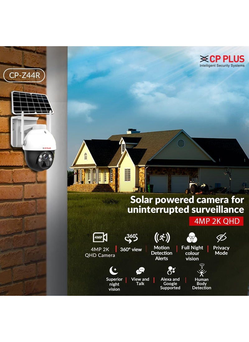CP_Plus 4MP 2K QHD 4G Outdoor PT Solar Camera | Built-in Battery Support | Two Way Talk | PIR Motion Detection Alerts | Full Color Night Vision | SD Card (Up to 256 GB) CP-Z44R