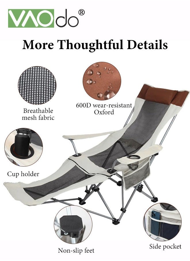 Reclining Camping Chair 2 Position with Foot Rest and Headrest Comfortable for Adults Load-Bearing 150Kg Folding Lounger Mesh Breathable and Cool Beach Chair with Cooler Bag and Cup Holder for Outdoor Camp, Picnic, Travel, Fishing